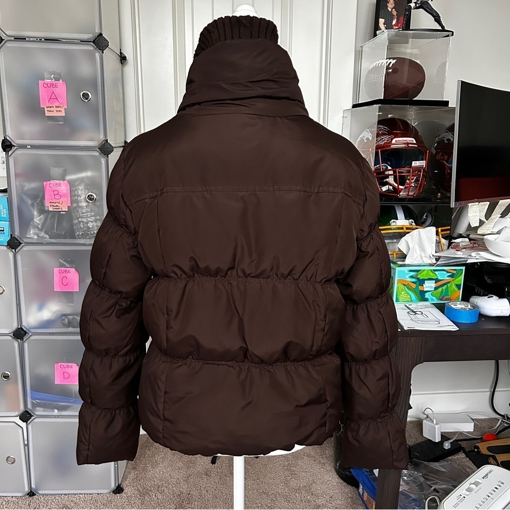 CoffeeShop Chocolate Brown Zip Up Down Feather Puffer Jacket Size Medium - Picture 2 of 15